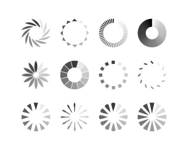 Koleksiyon Yükleme Çubuğu durum simgesi. Vektör çizimi. Vektör yüklü simgeler kümesi. İndirme işlemi sürüyor. Donload ya da Gönderme.