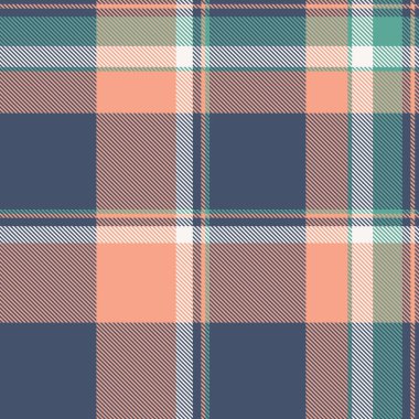 Ekose kareli arka plan vektörü, canlı ekoseli, kusursuz tekstil. Mavi ve turuncu renkli kumaş dokusunu kısa kontrol et.
