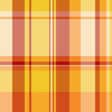 Kart vektör tekstili, rahat ve kusursuz bir arka plan. Geleneksel tartan kumaş dokusunu turuncu ve kırmızı renklerle kontrol et.