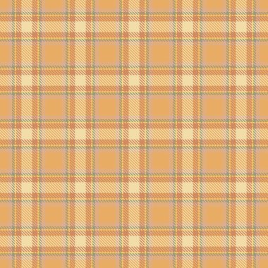 Genç, kusursuz ekose vektör, damaske desenli tekstil arka plan. Dikiş dokusu turuncu ve kehribar renklerinde tartan kumaş kontrolü.