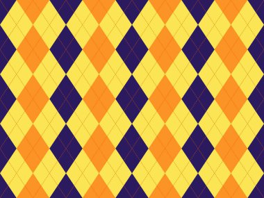 Vibrant argyle pattern in yellow, orange  dark blue.  Perfect for backgrounds, textiles, or playful designs.  Geometric, seamless repeat.  Adds a touch of retro style and energy. clipart