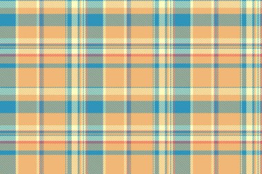 Saf kontrol dokusu vektörü, otelin kusursuz arka plan tekstili. Turuncu ve cyan renklerinde tartan desenli ekose kumaş oluştur.