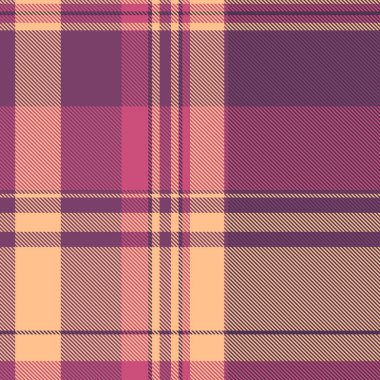 Geleneksel tartan arka plan tekstili, Fransız kusursuz şablon kontrolü. Ekose vektör dokusunu pembe ve turuncu renklerle kutlayın.