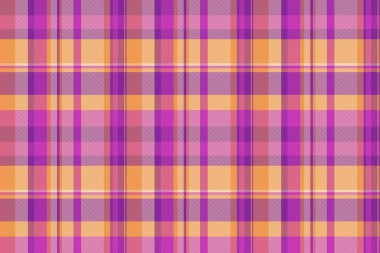 Saflık desenli tartan, pamuk desenli ekose kumaş. Döküntü kontrol vektörü mor ve turuncu renklerde pürüzsüz.