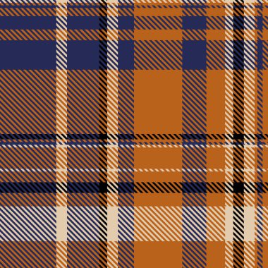 Canlı sonbahar ekose desenli. Sıcak turuncu, lacivert ve krem renkleri sonbahar modası, ev dekorasyonu veya tekstil projeleri için mükemmel bir tasarım oluşturur..