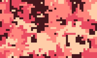 Sıcak mercan ve koyu kahverengi tonlarda soyut pikselleştirilmiş kamuflaj deseni. Arkaplan, tekstil ve dijital tasarımlar için ideal.