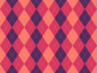 Mercan, pembe ve mor renklerde canlı baklava deseni. Geçmişi, tekstili ve moda tasarımları için mükemmel. Geometrik şekiller şık ve sofistike bir estetik yaratır..