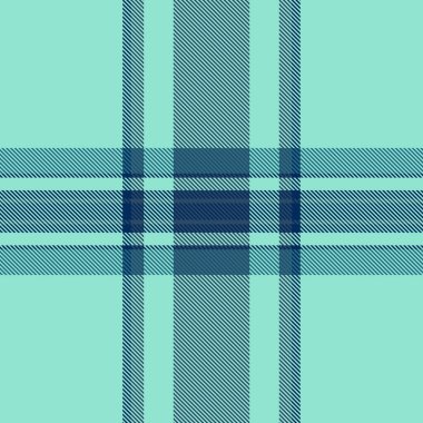 Özel dikişsiz kumaş ekoseli, yaprak vektör desenli tekstil. Gök mavisi ve cyan renklerinde paçavra desen tartan arkaplanı.