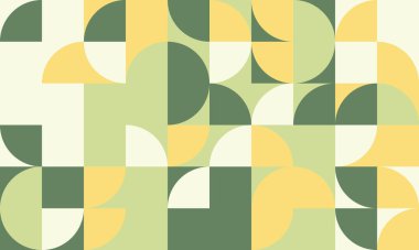 Dilsiz sarı ve yeşil yarı daireler ve karelerin uyumlu bir karışımını içeren soyut geometrik arkaplan. Modern tasarım projeleri, sunumlar veya web sayfaları için ideal.