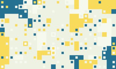 Gök mavisi, sarı ve beyaz renkte dağınık kareleri olan soyut geometrik arkaplan. Web sitesi afişleri, sunumlar veya modern tasarım projeleri için ideal.