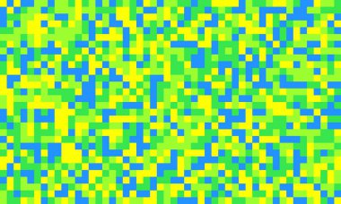 Parlak sarı, ıhlamur yeşili ve gökyüzü mavisi karelerden oluşan kaotik ama görsel olarak çekici bir karışım içeren canlı pikseller..