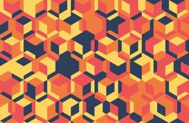 Sıcak renklerde birbirine kenetlenmiş küpleri içeren canlı geometrik desen. Modern tasarımlar, tekstil ve web sitesi geçmişi için ideal.