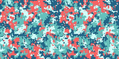 Deniz mavisi, mercan ve donanmada soyut pikselleştirilmiş kamuflaj deseni. Moda, tekstil, web sitesi geçmişi veya canlı tasarım projeleri için ideal.