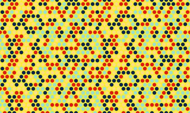 Sarı arka planda kırmızı, mavi ve siyah daireler içeren canlı geometrik desen. Tekstil tasarımı, web sitesi arkaplanı veya kalın bir grafik ögesi olarak ideal.