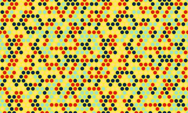 Sarı arka planda kırmızı, mavi ve siyah daireler içeren canlı geometrik desen. Tekstil tasarımı, web sitesi arkaplanı veya kalın bir grafik ögesi olarak ideal.