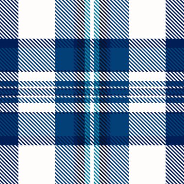 Moda desenli kumaş, çizgili arkaplan kontrolü. Çapraz ekose tekstil tartan vektörü beyaz ve cyan renk paleti.