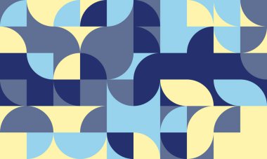 Pastel mavisi, lacivert ve soluk sarı yarı çember ve kareli soyut geometrik desenler. Web sitesi geçmişi, sunumları veya tekstil baskıları için modern, minimalist tasarım ideal.