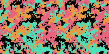 Pembe, yeşil, turuncu ve siyah renkli canlı pikselli kamuflaj deseni. Moda, tekstil, dijital sanat ve web sitesi geçmişi için ideal.