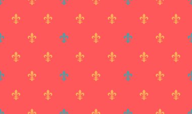 Tekrarlayan altın ve gri fleurdelis desenli zarif mercan arka planı.