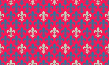 Canlı pembe ve mavi fleurdelis deseni. Özgeçmiş, tekstil ya da web sitesi dekorasyonu için mükemmel kusursuz tasarım. Kraliyeti, mirası ve kültürlülüğü çağrıştırıyor..