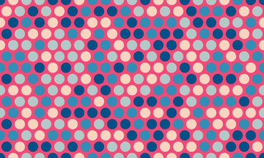 Pembe arka planda mavi, pembe ve bej daireler içeren canlı soyut polka nokta deseni.