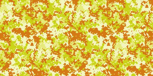 Parlak sarı ve turuncu renklerde soyut dijital kamuflaj deseni. Tekstil tasarımı, arkaplan ve modern grafik projeleri için mükemmel.