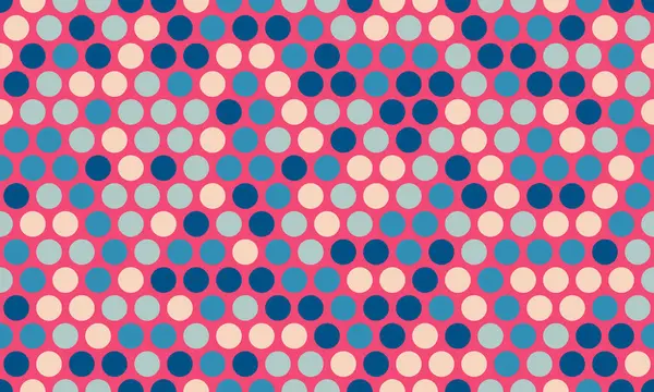 Pembe arka planda mavi, pembe ve bej daireler içeren canlı soyut polka nokta deseni.