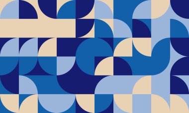 Soyut geometrik dikişsiz desen. Mavi ve bej yarı daireler ve kareler içeren modern orta yüzyıl tasarımı. Arkaplan, tekstil veya web sitesi tasarımı için ideal.