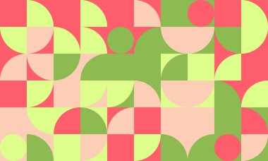 Pastel pembe, yeşil ve sarı renkli soyut geometrik desen. Modern orta yüzyıl tasarımı, arka plan, tekstil, markalaşma ve web sitesi tasarımı için ideal.