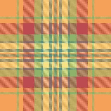 Kumaş kumaş vektörü, ipeksi doku arkaplan deseni. Kolaj denetimi turuncu ve kırmızı renk paleti ile ekosesiz tartan ekoseli.