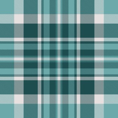 Bant desensiz kontrol, hediye kartı vektör ekoseli doku. Oda arkaplan kumaşı. Cyan ve beyaz renkli kumaş paleti..