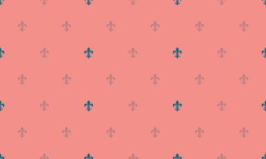 Zarif mercan arka planı, tekrarlayan koyu deniz mavisi fleurdelis desenleriyle süslenmiş..