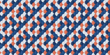 Soyut, pürüzsüz desen. Birbirine kenetlenmiş mavi, mercan ve beyaz şekiller dokulu bir etki yaratır..