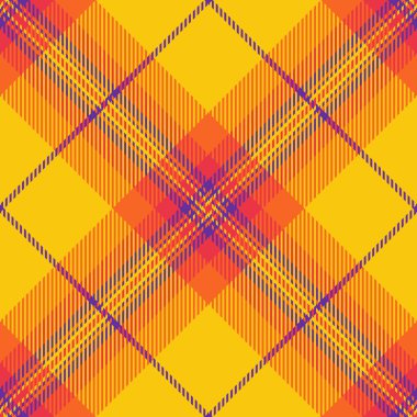 Eğilimsiz ekose, boya kumaş dokusu arka planı. Parlak ve turuncu renk paletinde tartan desenli vektör stili.