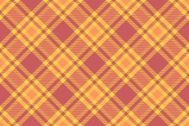 Giysi dokusu vektör kumaşı, hediye deseni tekstil kontrolü. Hint kırmızısı ve sarı renk paletiyle detaylandırılmış ekoseli tartan arkaplan.