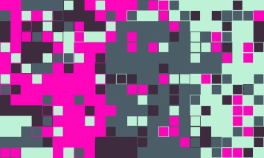 Soyut piksel sanat arkaplanı. Canlı pembe, deniz mavisi ve gri kareler dinamik ve modern bir tasarım yaratır. Teknoloji, oyun ve moda projeleri için ideal.