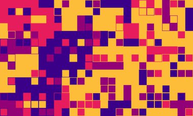 Soyut piksel sanat arkaplanı. Canlı mor, pembe ve sarı kareler dinamik ve enerjik bir tasarım yaratır. Teknoloji, oyun ve modern sunumlar için mükemmel..