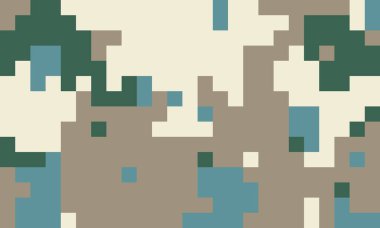 Soyut piksel sanat arkaplanı. Tarafsız toprak tonları ve deniz mavisi, teknoloji, oyun ve modern tasarım projeleri için mükemmel bir kamuflaj etkisi yaratır..