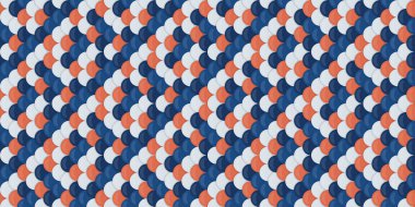 Soyut, pürüzsüz desen. Birbirine kenetlenmiş mavi, mercan ve beyaz şekiller dokulu bir etki yaratır..