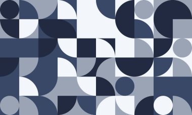 Mavi ve beyaz tonlarında yarı daireler ve kareler olan soyut geometrik arkaplan. Web sayfaları, sunumlar veya sosyal medya için modern, minimalist tasarım ideal.