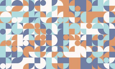 Pastel renk paletli soyut geometrik arkaplan. Çemberlerin, karelerin ve yarı dairelerin orta yüzyıl modern biçimi.