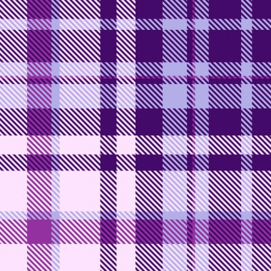 Uyumlu kumaş kontrolü, baba tartan desenli doku. Eğri vektör ekoseli arka plan ışık ve menekşe renk paletinde.