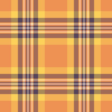 Doğal arka plan tekstil dokusu, yazlık kumaş vektör deseni. Turuncu ve kehribar rengi paletlerle tartan ekoseli kumaş kontrolü.