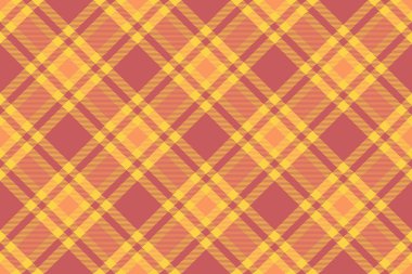 Giysi dokusu vektör kumaşı, hediye deseni tekstil kontrolü. Hint kırmızısı ve sarı renk paletiyle detaylandırılmış ekoseli tartan arkaplan.