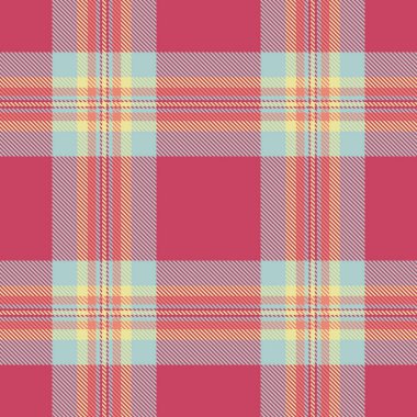 Kusursuz özgeçmiş kontrolü, tekstil kumaş şablonu. Kırmızı ve açık renk paletinde eski vektör tartan deseni.