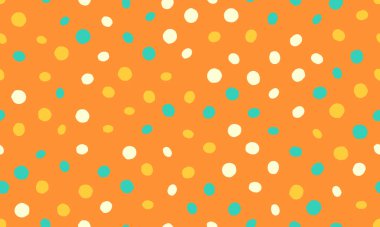 Canlı, güneşli turuncu, deniz mavisi ve kremalı polka desenli. Tekstil, ambalaj ya da web sitesi geçmişi için mükemmel. Neşeli, neşeli bir tasarım, enerji ve eğlenceyi çağrıştırıyor..