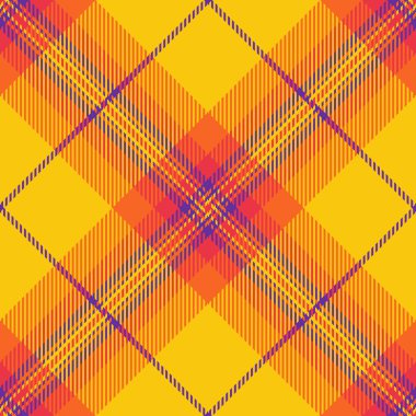 Eğilimsiz ekose, boya kumaş dokusu arka planı. Parlak ve turuncu renk paletinde tartan desenli vektör stili.