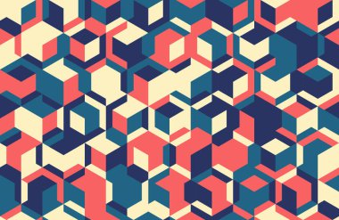 Soyut geometrik dikişsiz desen. Canlı, yenilenmiş, birbirine kenetlenmiş mercan, deniz mavisi ve bej küpleri içeren bir tasarım. Web sitesi geçmişi, tekstil veya modern markalaşma için ideal.