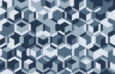 Değişen mavi tonlarda birbirine kenetlenmiş küplerin büyüleyici bir dizisini içeren soyut geometrik desen.