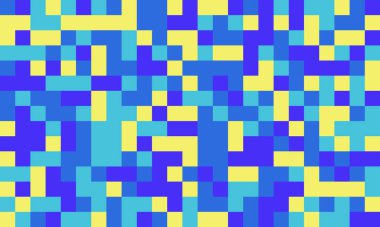 Soyut piksel sanat arkaplanı. Canlı mavi, sarı ve deniz mavisi kareler dinamik ve enerjik bir tasarım yaratır. Web siteleri, sunumlar veya dijital sanat projeleri için mükemmel.